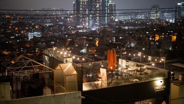 The rooftop of restaurant is empty at night in the Huamdong district of Seoul, South Korea.