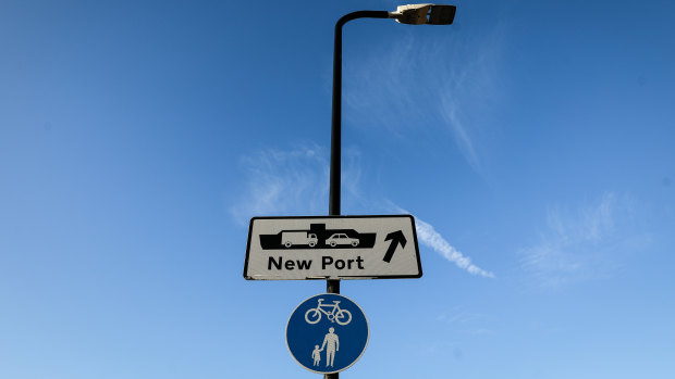 Signs to the port of Ramsgate, an old sea route the British government plans to re-open to ease post-Brexit backlogs on freight between England and Belgium.