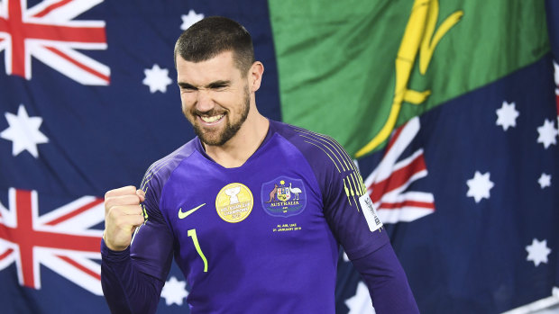 Winning feeling: Socceroos goalkeeper Mat Ryan celebrates after the victory over Uzbekistan.