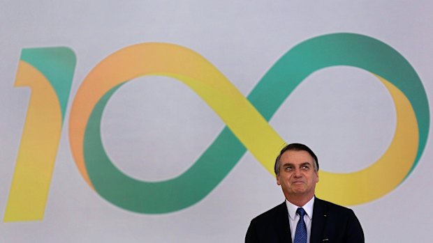 Brazilian President Jair Bolsonaro attends a ceremony marking his first 100 days in office in Brasilia, last week.