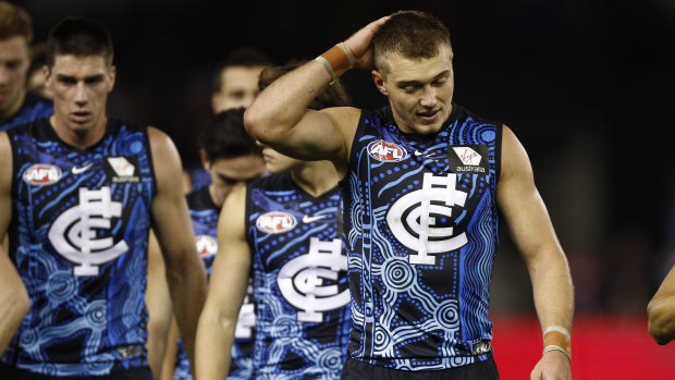 Still feeling Blue: Carlton's Patrick Cripps leads Carlton off the field after the loss to St Kilda.