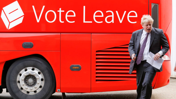 Boris Johnson arrives on the infamous 'Brexit bus' during the 2016 referendum campaign.