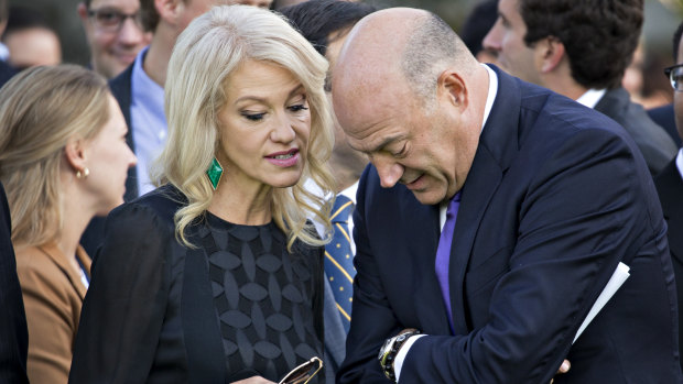 Kellyanne Conway speaks with Gary Cohn, director of the US National Economic Council.