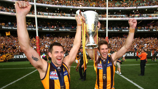 Four-time Hawks premiership teammates Luke Hodge and Grant Birchall both finished their careers with the Lions.