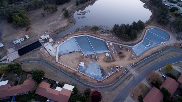 Aerial photograph taken in May of the rain garden being built at Isabella Plains, next to Upper Stranger Pond, to improve water quality in Lake Tuggeranong.