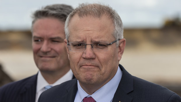 Prime Minister Scott Morrison (right) with Minister for Finance Mathias Cormann in WA this week. 