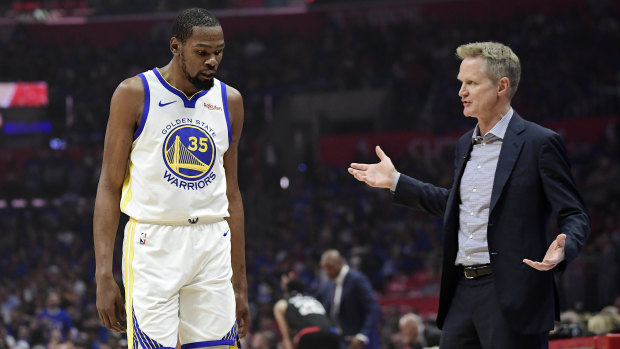 Warriors coach Steve Kerr (right) said Kevin Durant would not be playing game two.