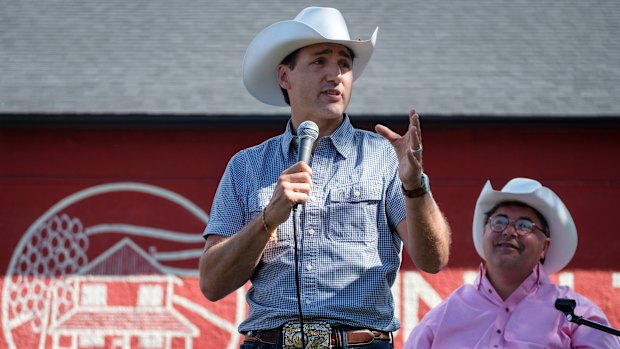 Prime Minister Justin Trudeau attends a pancake breakfast in Calgary on Saturday.