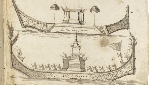 A sketch of the King of Siam’s barge with oarsmen, and a prince’s barge.