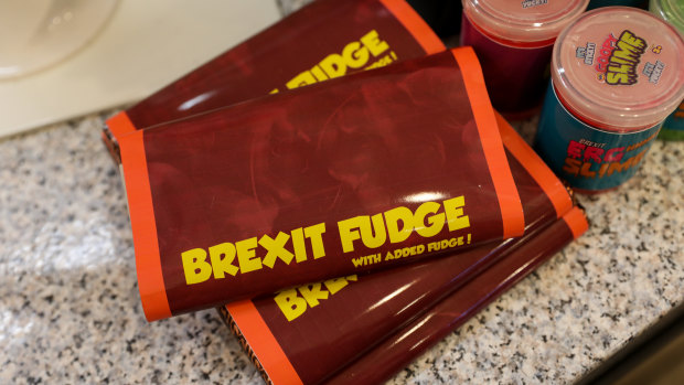 Bars of 'Brexit Fudge' sit on display at the 'Costupper' Brexit Minimart pop-up store, set up by the People's Vote campaign group, in London,  on Friday.