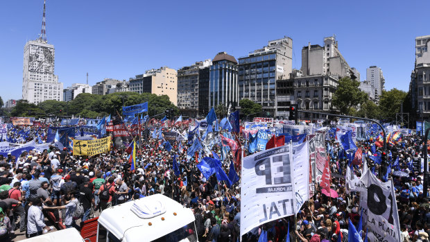 Demonstrators marched to protest against high unemployment and the policies of Argentinian President Mauricio Macri.
