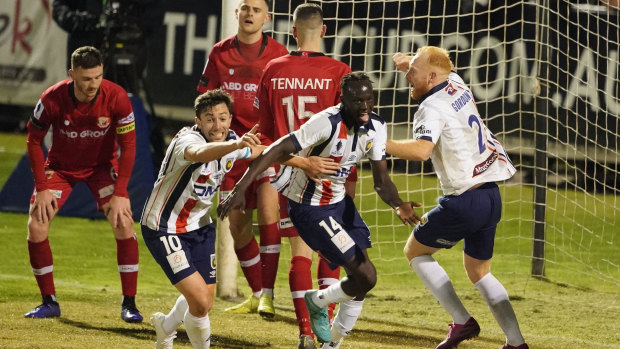 Abraham Majok of the Mariners celebrates after scoring the winning goal during the FFA Cup quarter final.