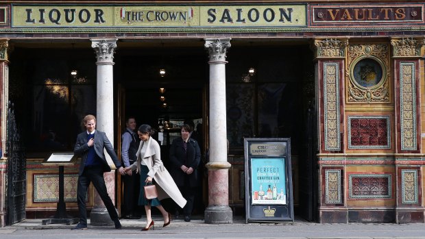 Prince Harry and Meghan Markle at Belfast's Crown Liquor Saloon in March.