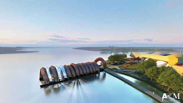 Artist's impressions of National Museum of Australia master plan, showing the proposed boat shed and technology centre on Lake Burley Griffin
