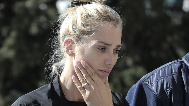 Viktoria Karyda, the wife of slain Greek Australian John Macris arrives at a church to attend his funeral ceremony.