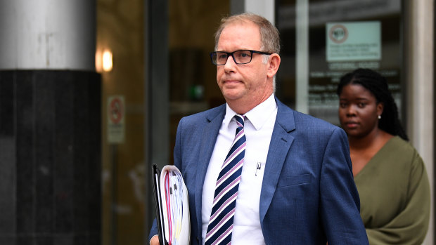 Lawyer Glen Cranny, representing Moreton Bay Regional Council mayor Allan Sutherland, leaves the Magistrates Court on Wednesday.