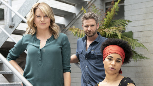 Lucy Lawless, Bernard Curry and Ebony Vagulans in Ten's crime of the week drama My Life Is Murder.
