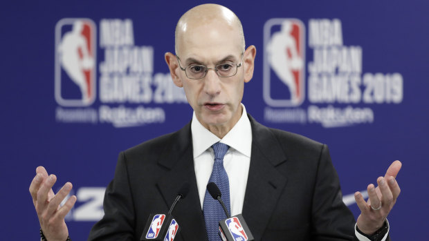Adam Silver, NBA commissioner, gestures as he speaks during a news conference prior in Saitama.