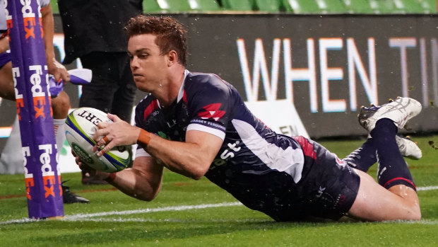 Andrew Kellaway crosses for the Rebels after a defensive passage that summed up the Tahs' woes.