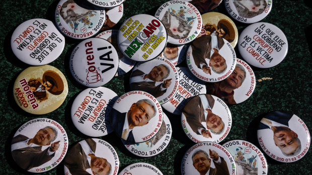 Merchandising is displayed for sale during a rally with Andres Manuel Lopez Obrador, Mexican presidential candidate.