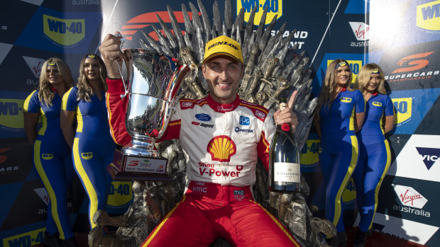 Enthroned: Fabian Coulthard claims his first win of 2019.