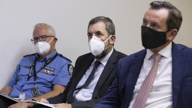 Police Commissioner Chris Dawson, Chief Health Officer Dr Andrew Robertson and Premier Mark McGowan.
