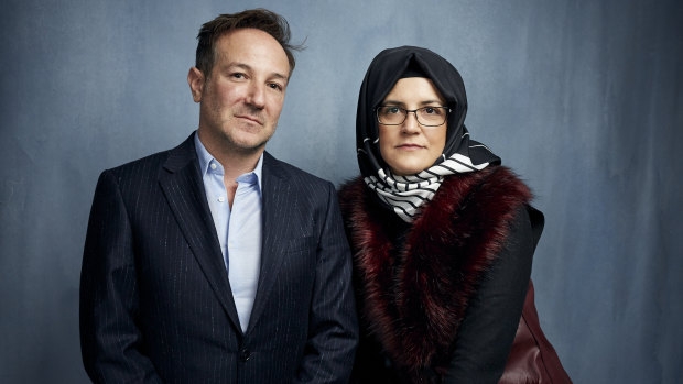 Director Bryan Fogel, left, with Khashoggi’s fiancee Hatice Cengiz at the Sundance Film Festival in Utah last year.