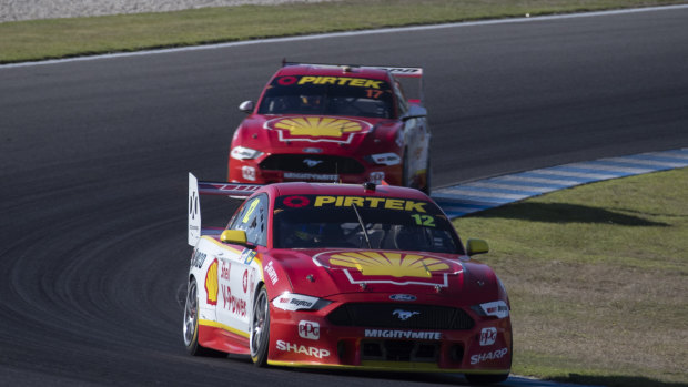 Dueling Mustangs: Fabian Coulthard out from of teammate Scott McLaughlin on the Philip Island circuit.