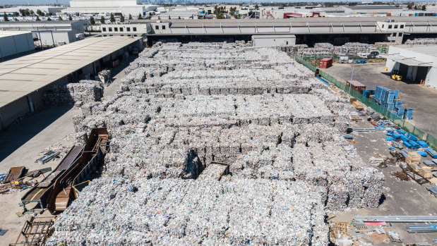 Recycling stockpiles at SKM Recycling in Laverton North. 