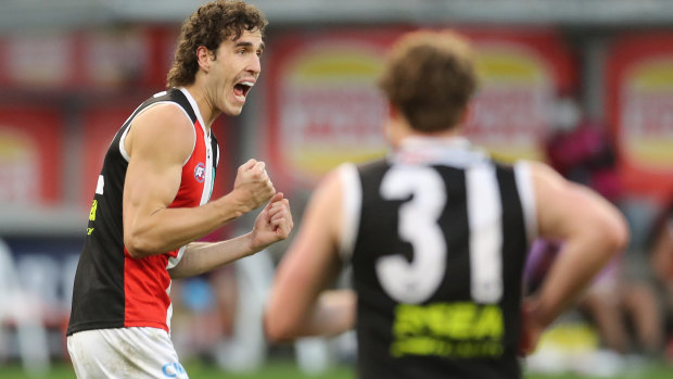 Max King celebrates a goal against the West Coast Eagles. 