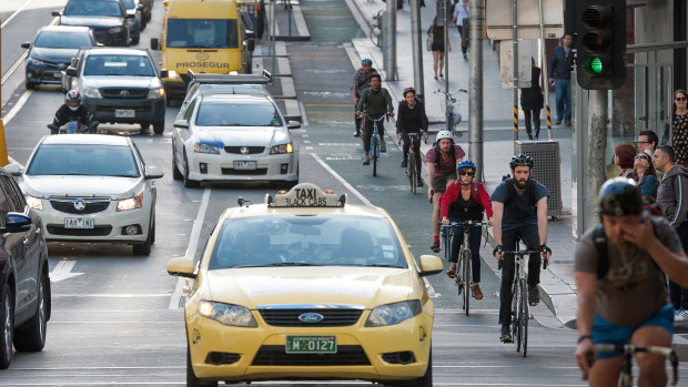 Cyclists in La Trobe Street in the CBD. 