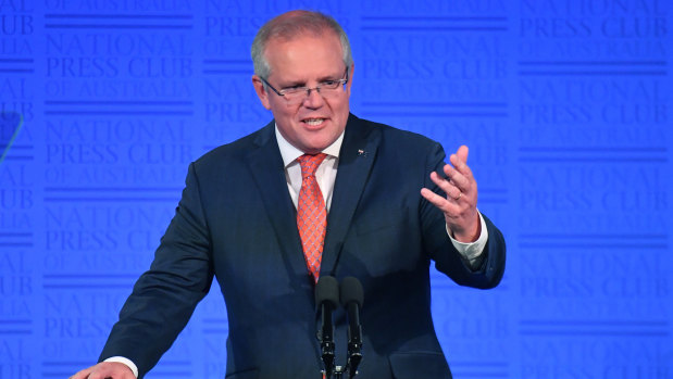 Prime Minister Scott Morrison delivered a speech at the National Press Club in Canberra on Wednesday, 