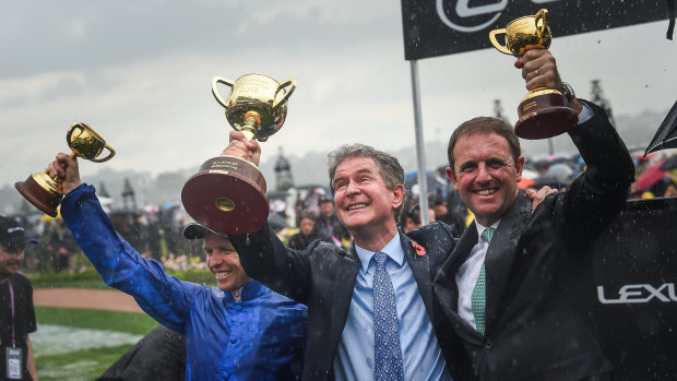 Kerrin McEvoy (left) and Charlie Appleby (right) celebrate their success.