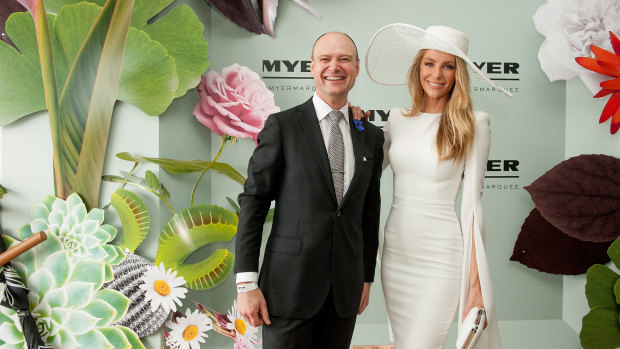 Former Myer CEO Richard Umbers and Jenifer Hawkins at the Myer marquee in 2015.