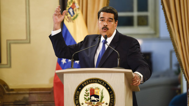 Nicolas Maduro during a televised press conference in Caracas, during which he denounced the presence of trailers of humanitarian aid brought to the Colombian border.