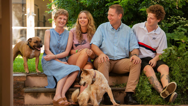 Dr Richard Harris (known as Dr Harry) with wife Fiona, daughter Millie and son Charlie, with the family's dogs Rubie and Alfie.  Harry was the anesthesiologist who helped rescue 12 boys trapped in a cave in Thailand and has been nominated for 2019 Australian of the Year. 