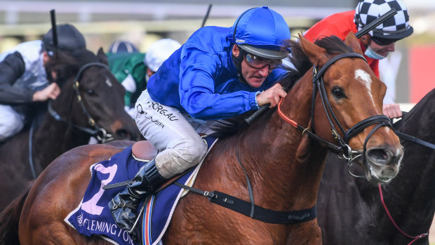 Home Of The Brave, with Damien Oliver onboard, wins the Aurie's Star Handicap at Flemington on Saturday.