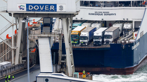 The Dunkerque Seaways passenger and ro-ro carg ship loaded with trucks docks in Dover on  January 5.  The port accounts for 17 per cent of the UK's trade in goods.