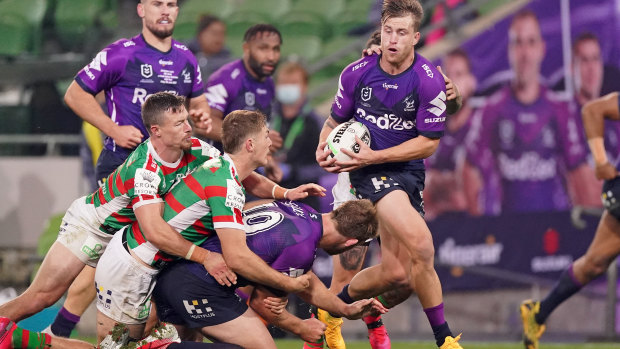 The Melbourne Storm playing the South Sydney Rabbitohs in early June. 