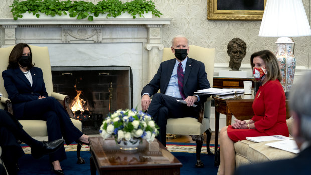 US President Joe Biden with Vice-President Kamala Harris and Hosue Speaker Nancy Pelosi.
