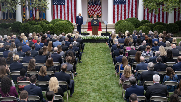 Amy Coney Barrett, US President Donald Trump's nominee for associate justice of the US Supreme Court, center, speaks during an announcement ceremony in the Rose Garden on Saturday.