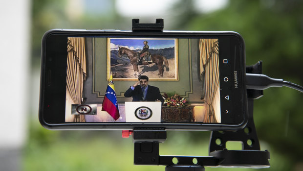 Venezuela's President, Nicolas Maduro,  during a video press conference at Miraflores Palace in Caracas.