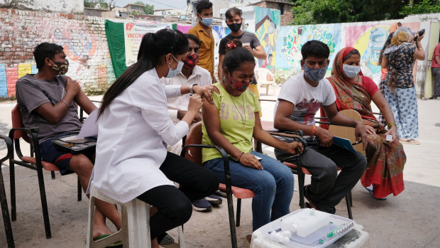 Kenyan politician Monica Juma believes the Commonwealth could help address the vaccine inequality between poor and rich countries. Pictured: a vaccination camp in India.
