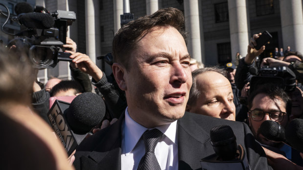 Elon Musk, chief executive officer of Tesla Inc., speaking to the media while departing from federal court in New York last week.