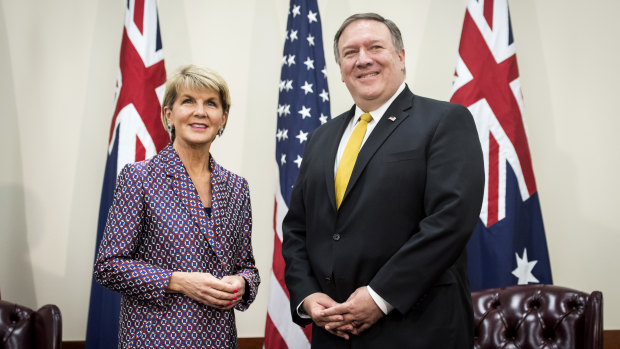 Julie Bishop, Australia's foreign minister, left, and Mike Pompeo, US secretary of state, stand for photographs during a bilateral meeting at the Australia-US Ministerial (AUSMIN) consultations at Stanford University.