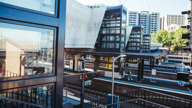 The 90-metre-long bridge provides lifts and stairs to all of Redfern station’s 10 above-ground platforms.