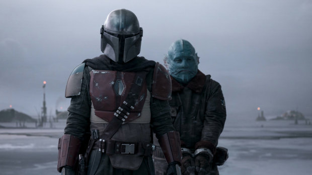 Pedro Pascal and Horatio Saenz in a scene from The Mandalorian.