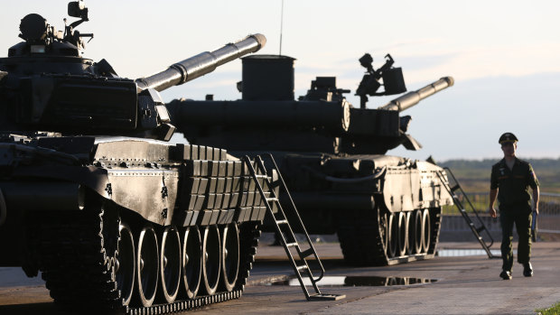 Troops prepare for a live demonstration of Russian battle tanks at the Army 2018 expo in Kubinka, Russia.