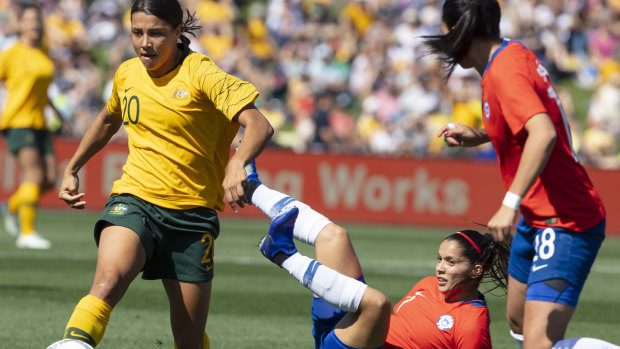Star turn: Sam Kerr leaves defenders in her wake but she couldn't turn the tide in Penrith.