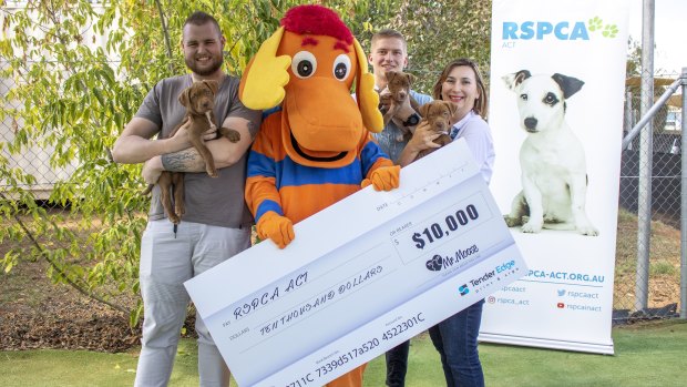 Mooseheads security guards Liam and Corey- and Mr Moose! - hand over $10,000 from the calendar sales to RSPCA ACT chief executive Michelle Robertson. 